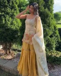 FANCY CHINON SILK THREAD & SEQUENCE WORK TOP SHARARA WITH DUPATTA YELLOW AND CREAM