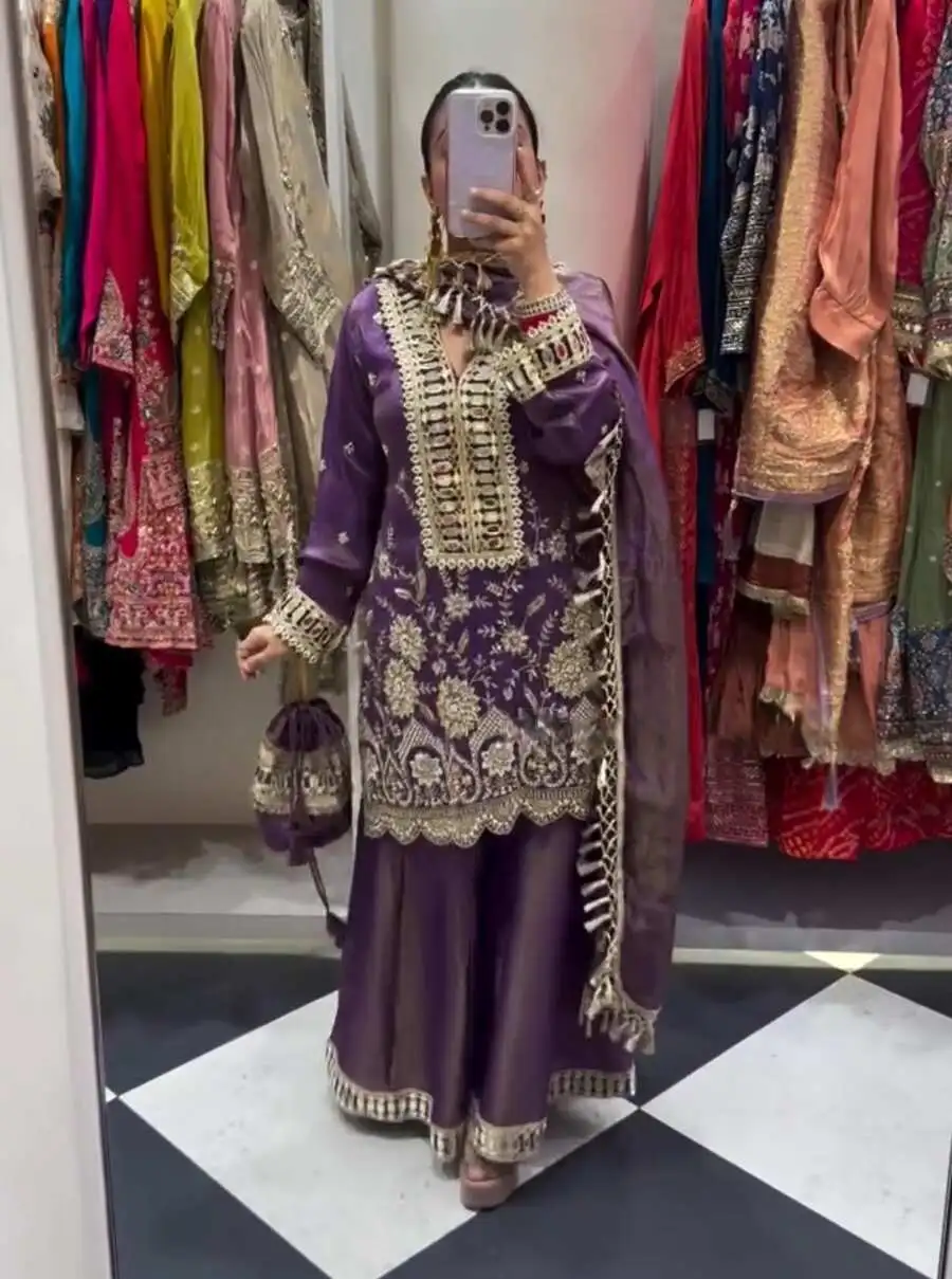 FANCY COSS MOSS REAL MIRROR WITH EMBROIDERY WORK TOP PALAZZO WITH DUPATTA FESTIVE WEAR WHOLESALE PRICE ETHNIC GARMENT (14)