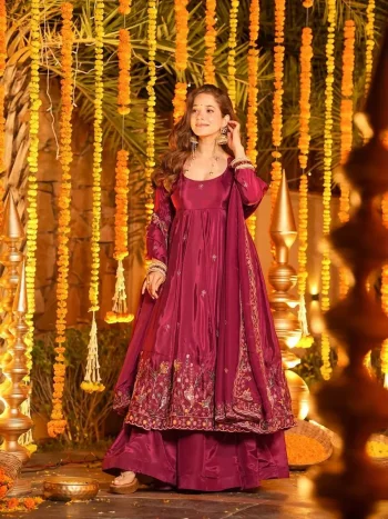 FANCY CREPE SILK THREAD & SEQUENCE WORK GOWN PALAZZO WITH DUPATTA PINK
