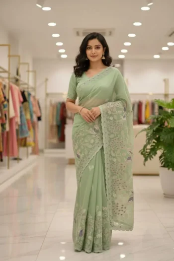 FANCY CRUNCHY SILK CONTRAST PALLU EMBROIDERY AND CUT BORDER WORK SAREE WITH UNSTITCHED BLOUSE PISTA