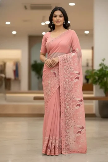 FANCY CRUNCHY SILK CONTRAST PALLU EMBROIDERY AND CUT BORDER WORK SAREE WITH UNSTITCHED BLOUSE PEACH
