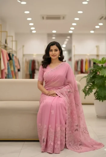 FANCY CRUNCHY SILK CONTRAST PALLU EMBROIDERY AND CUT BORDER WORK SAREE WITH UNSTITCHED BLOUSE BABY PINK