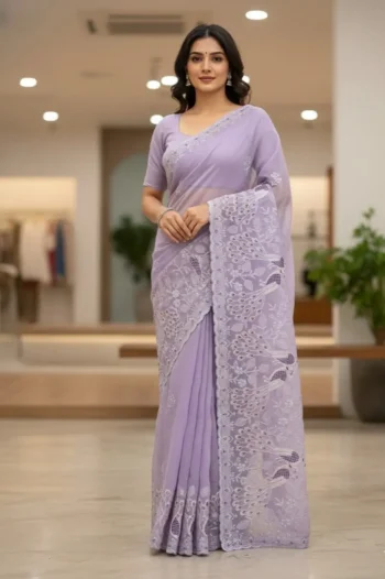 FANCY CRUNCHY SILK CONTRAST PALLU EMBROIDERY AND CUT BORDER WORK SAREE WITH UNSTITCHED BLOUSE LAVENDER