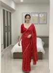 FANCY GEORGETTE BANDHEJ PRINT WITH LACE BORDER WORK SAREE WITH UNSTITCHED BLOUSE RED