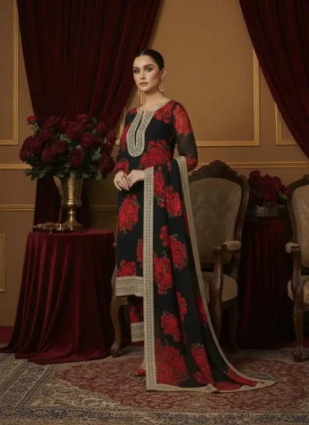 FANCY GEORGETTE DIGITAL PRINT WITH EMBROIDERY SEQUENCE CODING WORK AND READY MADE LACE BORDER WORK TOP PALAZZO WITH DUPATTA BLACK