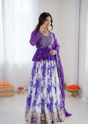 FANCY GEORGETTE DIGITAL PRINT WITH THREAD WITH SEQUENCE WORK LEHENGA CHOLI KOTI WITH DUPATTA PURPLE