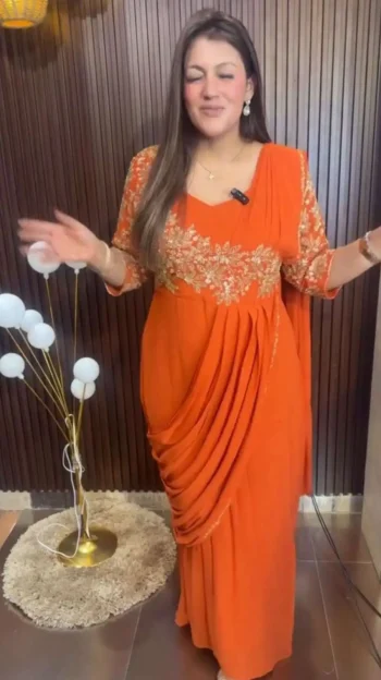 FANCY GEORGETTE EMBROIDERY CODING WORK GOWN SAREE ORANGE