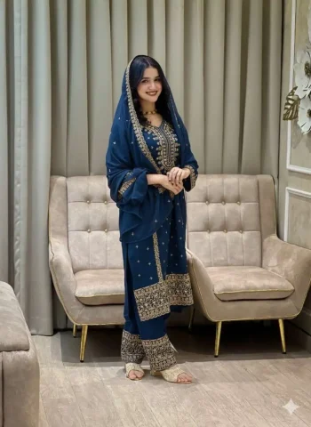 FANCY GEORGETTE EMBROIDERY SEQUENCE WORK TOP BOTTOM WITH DUPATTA TEAL