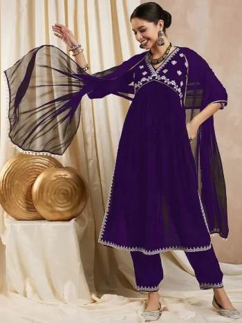 FANCY GEORGETTE EMBROIDERY SEQUENCE WORK TOP BOTTOM WITH DUPATTA PURPLE