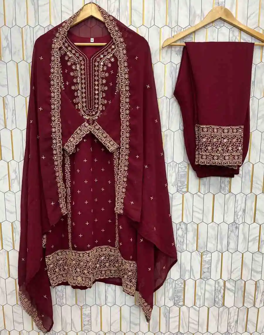 FANCY GEORGETTE EMBROIDERY SEQUENCE WORK TOP BOTTOM WITH DUPATTA FESTIVE WEAR WHOLESALE PRICE ETHNIC GARMENT (5)