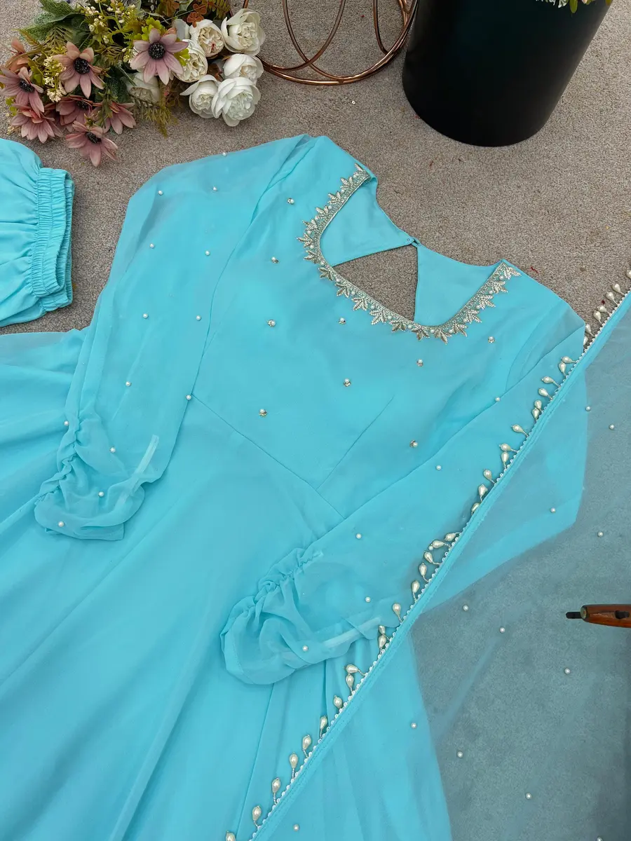 FANCY GEORGETTE EMBROIDERY WORK GOWN BOTTOM WITH DUPATTA FESTIVE WEAR WHOLESALE PRICE ETHNIC GARMENT (16)