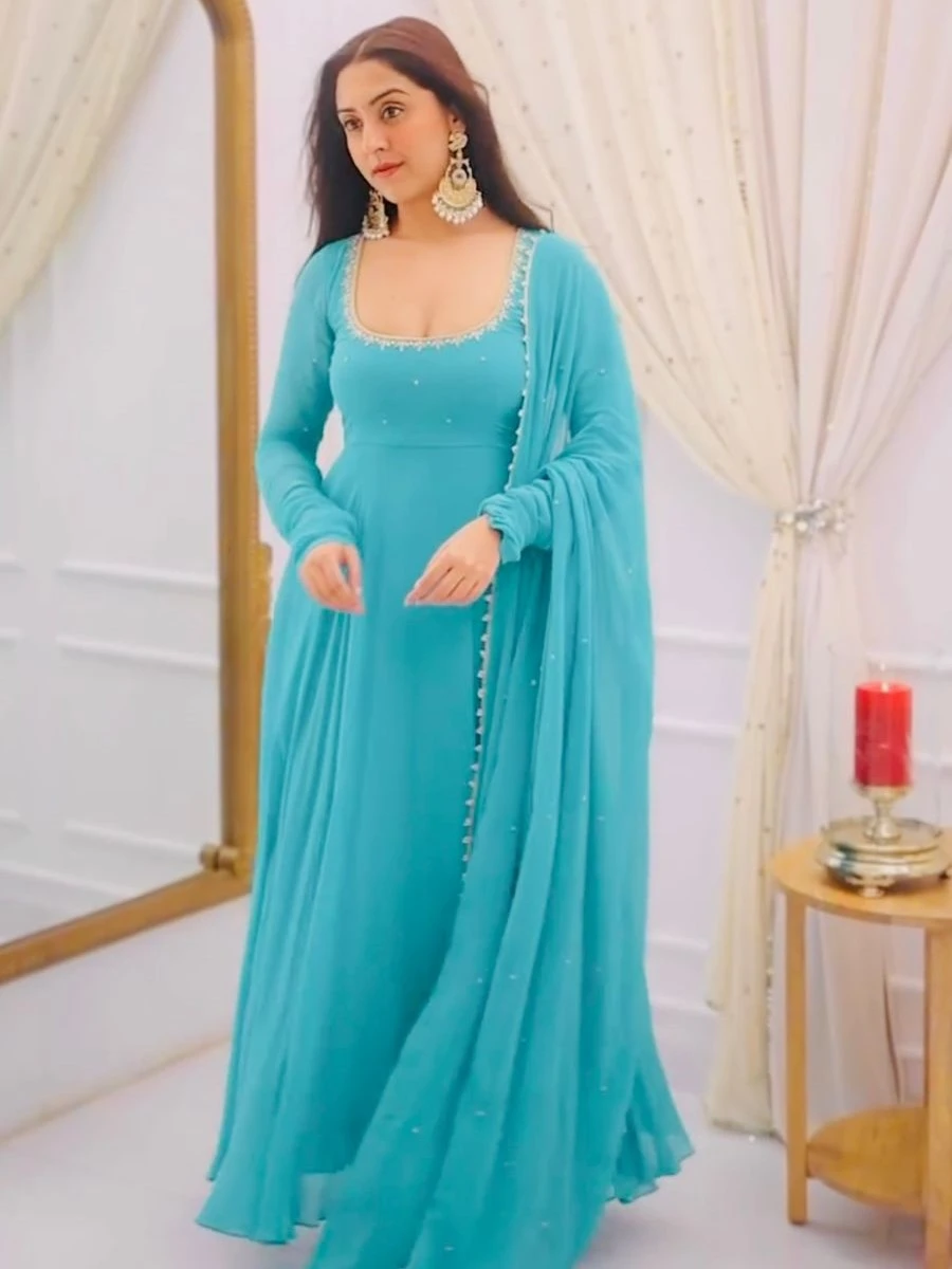 FANCY GEORGETTE EMBROIDERY WORK GOWN BOTTOM WITH DUPATTA FESTIVE WEAR WHOLESALE PRICE ETHNIC GARMENT (2)