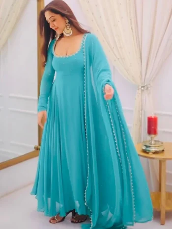 FANCY GEORGETTE EMBROIDERY WORK GOWN BOTTOM WITH DUPATTA SKY