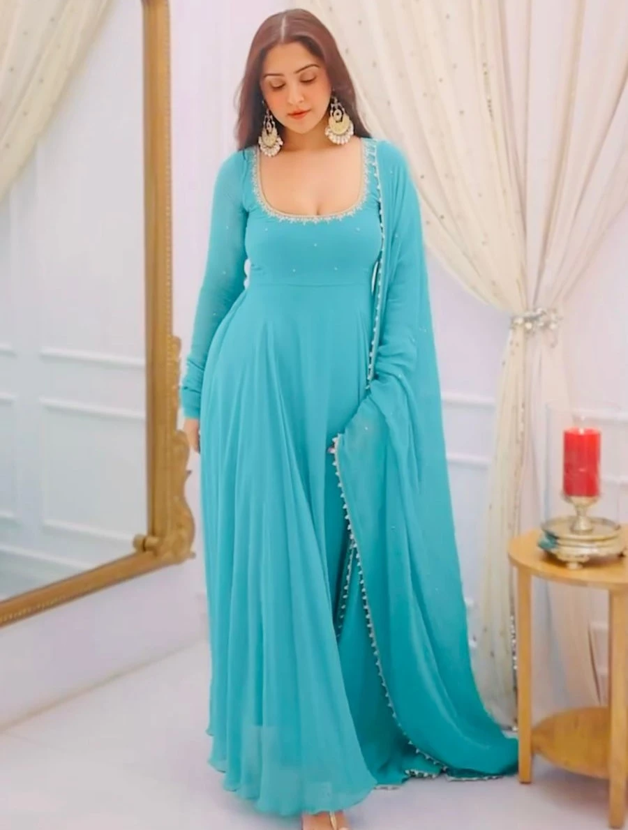 FANCY GEORGETTE EMBROIDERY WORK GOWN BOTTOM WITH DUPATTA FESTIVE WEAR WHOLESALE PRICE ETHNIC GARMENT (4)