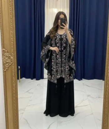 FANCY GEORGETTE SEQUENCE EMBROIDERY WORK TOP PALAZZO WITH SHRUG BLACK