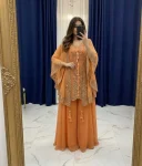 FANCY GEORGETTE SEQUENCE EMBROIDERY WORK TOP PALAZZO WITH SHRUG PEACH