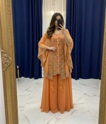 FANCY GEORGETTE SEQUENCE EMBROIDERY WORK TOP PALAZZO WITH SHRUG  PEACH