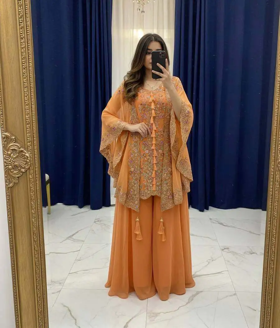 FANCY GEORGETTE SEQUENCE EMBROIDERY WORK TOP PALAZZO WITH SHRUG PARTY WEAR WHOLESALE PRICE ETHNIC GARMENT (3)