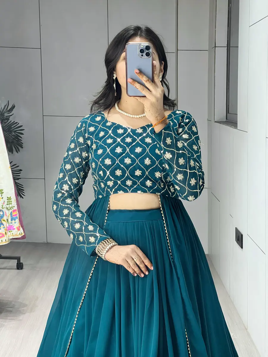 FANCY GEORGETTE SEQUENCE WORK WITH RICH EMBROIDERY WORK TOP AND PLAIN LEHENGA PARTY WEAR WHOLESALE PRICE ETHNIC GARMENT (5)