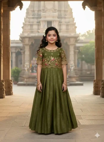 FANCY GEORGETTE SILK EMBROIDERY AND HAND WORK KID'S GOWN GREEN