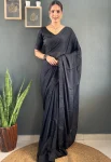 FANCY GEORGETTE SILK TONE 2 TONE SWAROVSKI WORK READY TO WEAR SAREE WITH UNSTITCHED BLOUSE BLACK