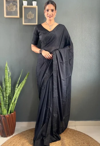 FANCY GEORGETTE SILK TONE 2 TONE SWAROVSKI WORK READY TO WEAR SAREE WITH UNSTITCHED BLOUSE BLACK