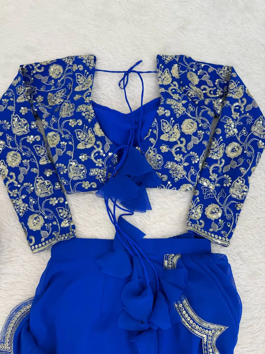 FANCY GEORGETTE THREAD & SEQUENCE EMBROIDERY WORK TYPE RUFFLE WORK LEHENGA SAREE WITH STITCHED BLOUSE PARTY WEAR WHOLESALE PRICE ETHNIC GARMENT (1)