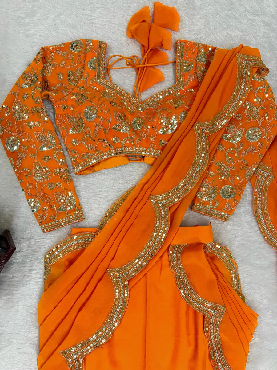 FANCY GEORGETTE THREAD & SEQUENCE EMBROIDERY WORK TYPE RUFFLE WORK LEHENGA SAREE WITH STITCHED BLOUSE PARTY WEAR WHOLESALE PRICE ETHNIC GARMENT (1)