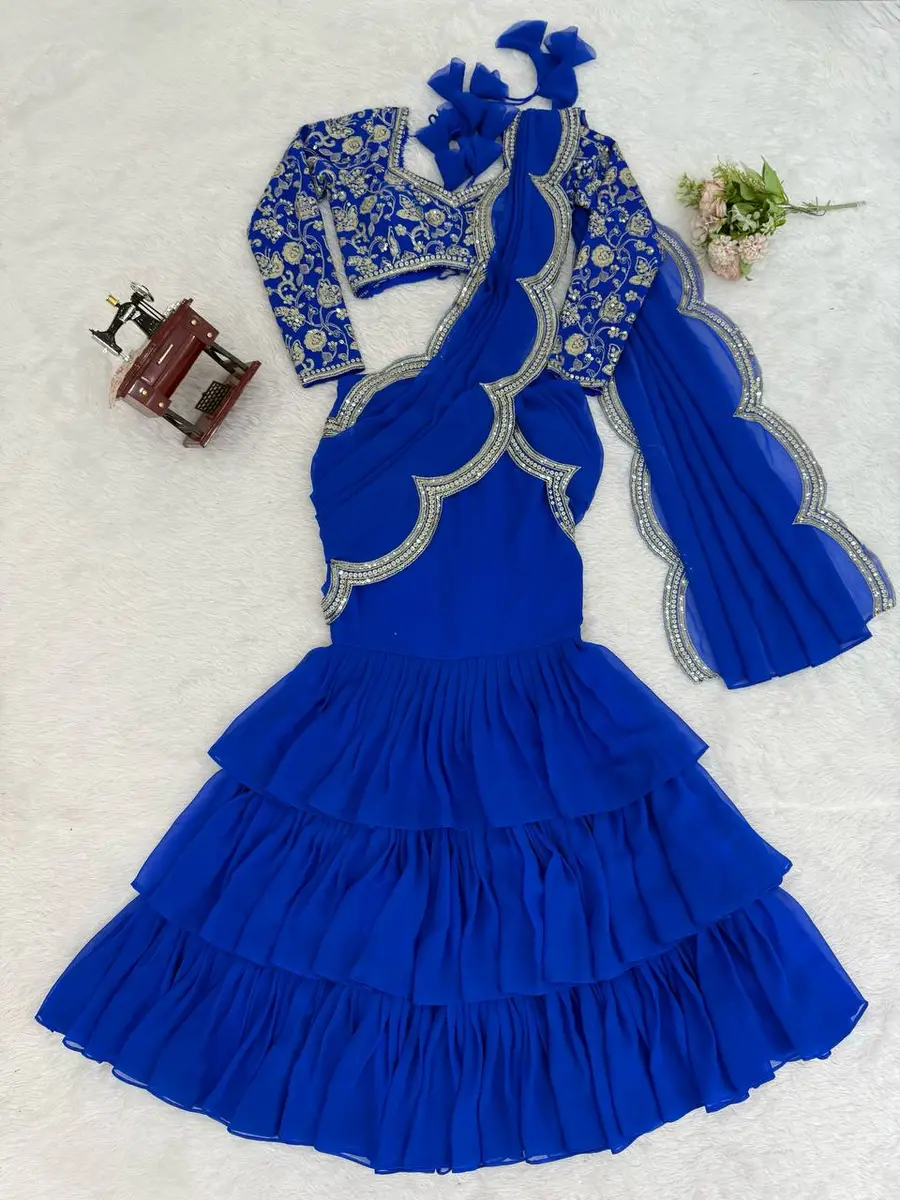 FANCY GEORGETTE THREAD & SEQUENCE EMBROIDERY WORK TYPE RUFFLE WORK LEHENGA SAREE WITH STITCHED BLOUSE PARTY WEAR WHOLESALE PRICE ETHNIC GARMENT (11)