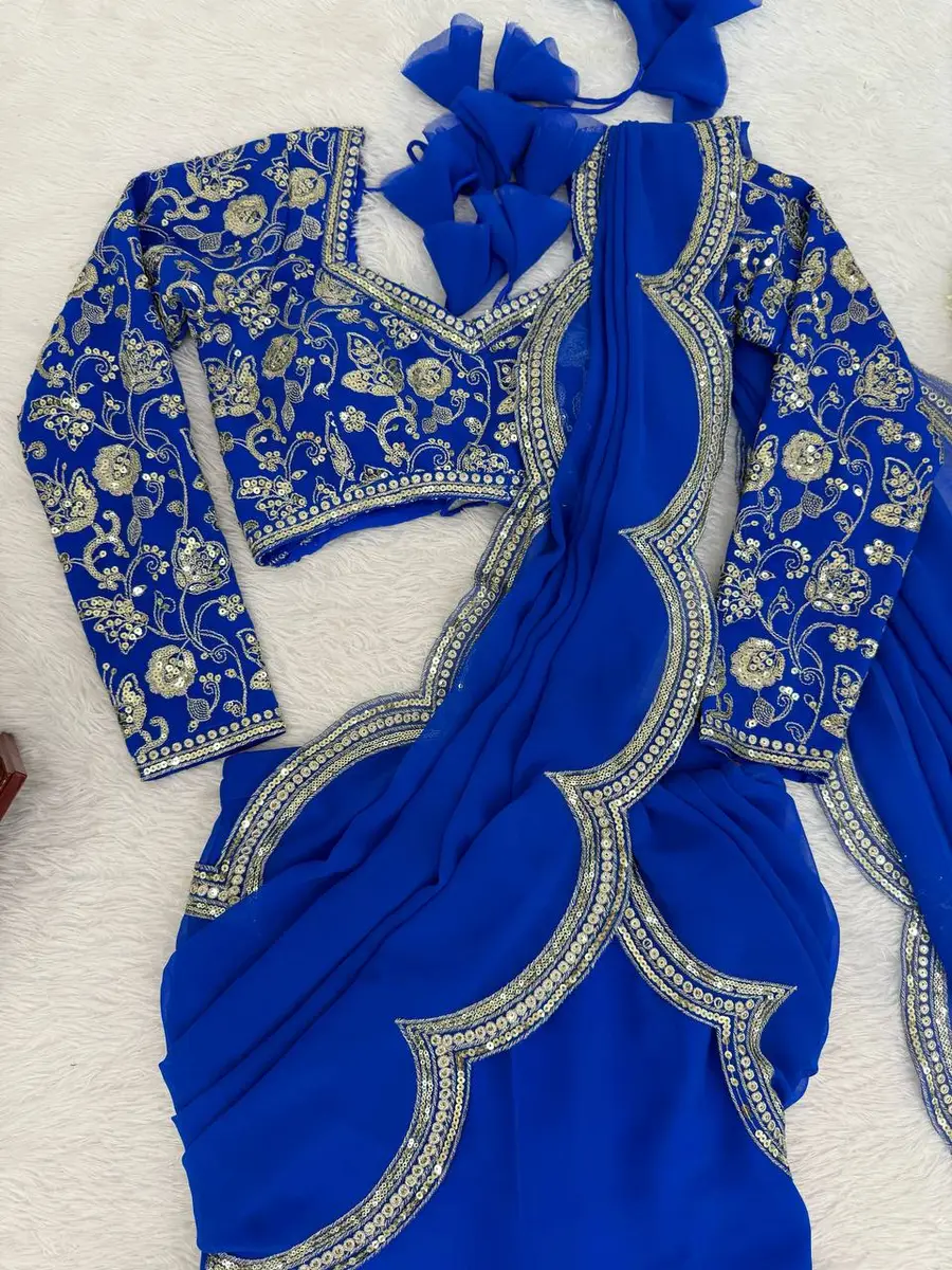 FANCY GEORGETTE THREAD & SEQUENCE EMBROIDERY WORK TYPE RUFFLE WORK LEHENGA SAREE WITH STITCHED BLOUSE PARTY WEAR WHOLESALE PRICE ETHNIC GARMENT (12)