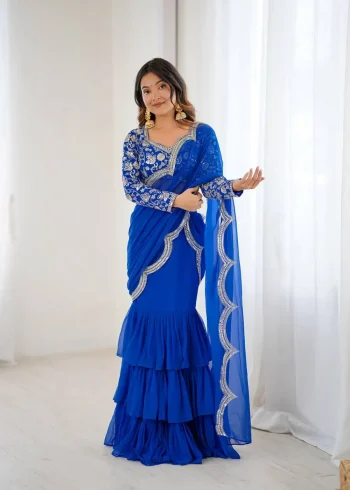 FANCY GEORGETTE THREAD & SEQUENCE EMBROIDERY WORK TYPE RUFFLE WORK LEHENGA SAREE WITH STITCHED BLOUSE BLUE