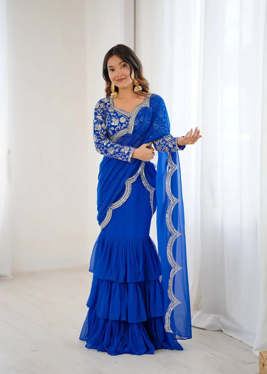 FANCY GEORGETTE THREAD & SEQUENCE EMBROIDERY WORK TYPE RUFFLE WORK LEHENGA SAREE WITH STITCHED BLOUSE PARTY WEAR WHOLESALE PRICE ETHNIC GARMENT (2)