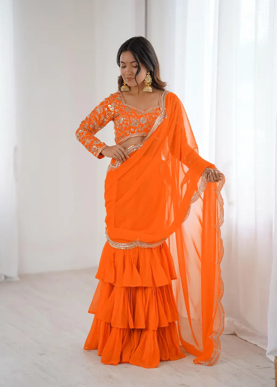 FANCY GEORGETTE THREAD & SEQUENCE EMBROIDERY WORK TYPE RUFFLE WORK LEHENGA SAREE WITH STITCHED BLOUSE PARTY WEAR WHOLESALE PRICE ETHNIC GARMENT (2)