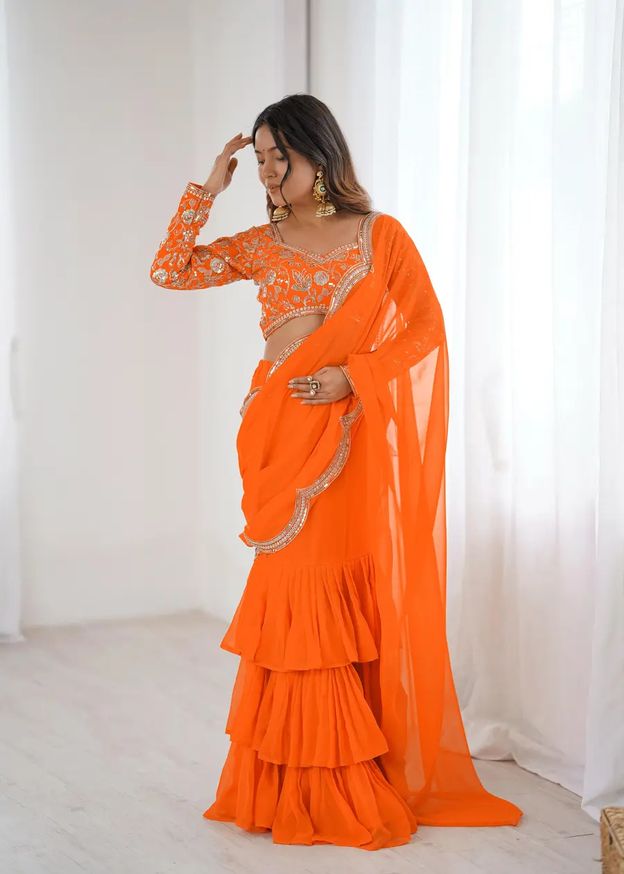 FANCY GEORGETTE THREAD & SEQUENCE EMBROIDERY WORK TYPE RUFFLE WORK LEHENGA SAREE WITH STITCHED BLOUSE PARTY WEAR WHOLESALE PRICE ETHNIC GARMENT (3)