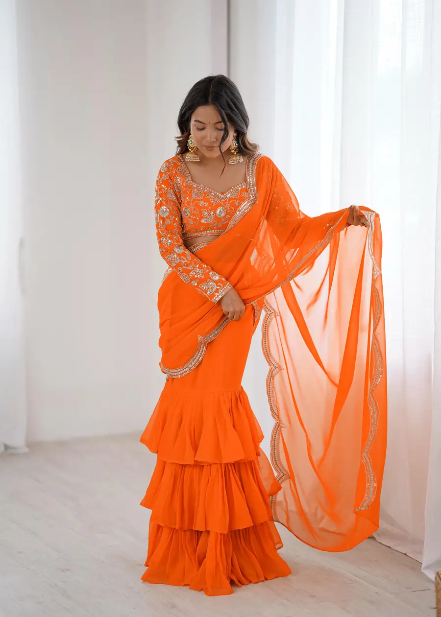 FANCY GEORGETTE THREAD & SEQUENCE EMBROIDERY WORK TYPE RUFFLE WORK LEHENGA SAREE WITH STITCHED BLOUSE PARTY WEAR WHOLESALE PRICE ETHNIC GARMENT (4)