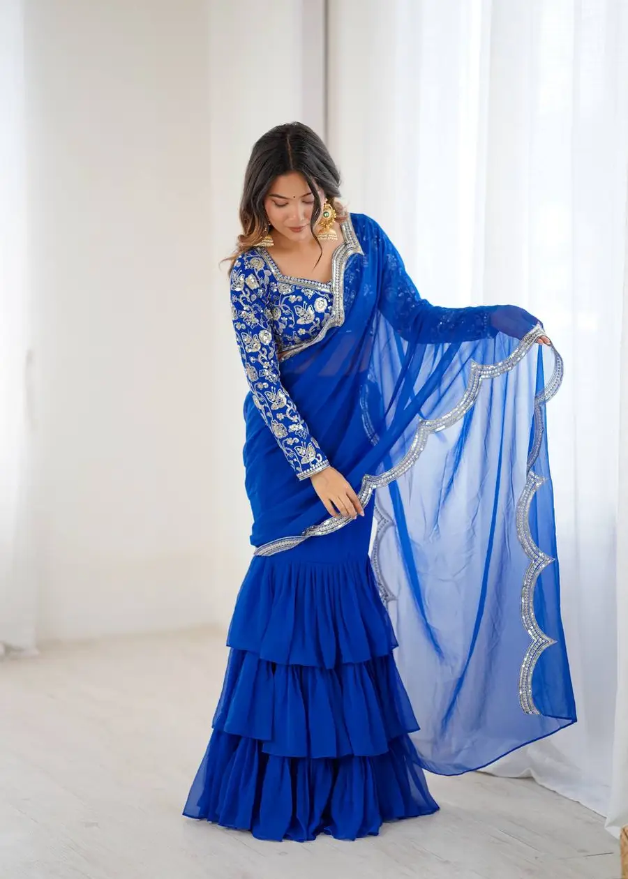 FANCY GEORGETTE THREAD & SEQUENCE EMBROIDERY WORK TYPE RUFFLE WORK LEHENGA SAREE WITH STITCHED BLOUSE PARTY WEAR WHOLESALE PRICE ETHNIC GARMENT (5)