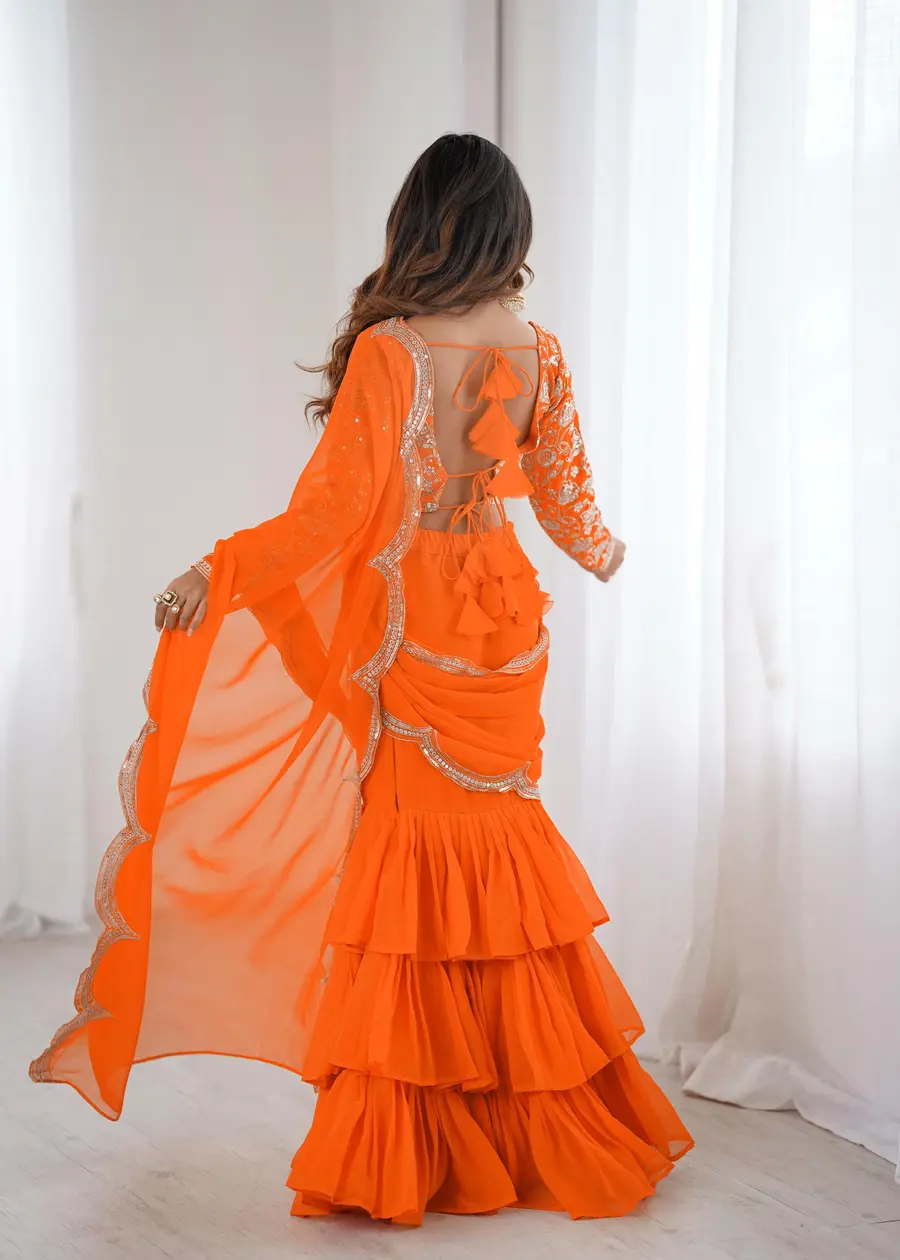 FANCY GEORGETTE THREAD & SEQUENCE EMBROIDERY WORK TYPE RUFFLE WORK LEHENGA SAREE WITH STITCHED BLOUSE PARTY WEAR WHOLESALE PRICE ETHNIC GARMENT (5)