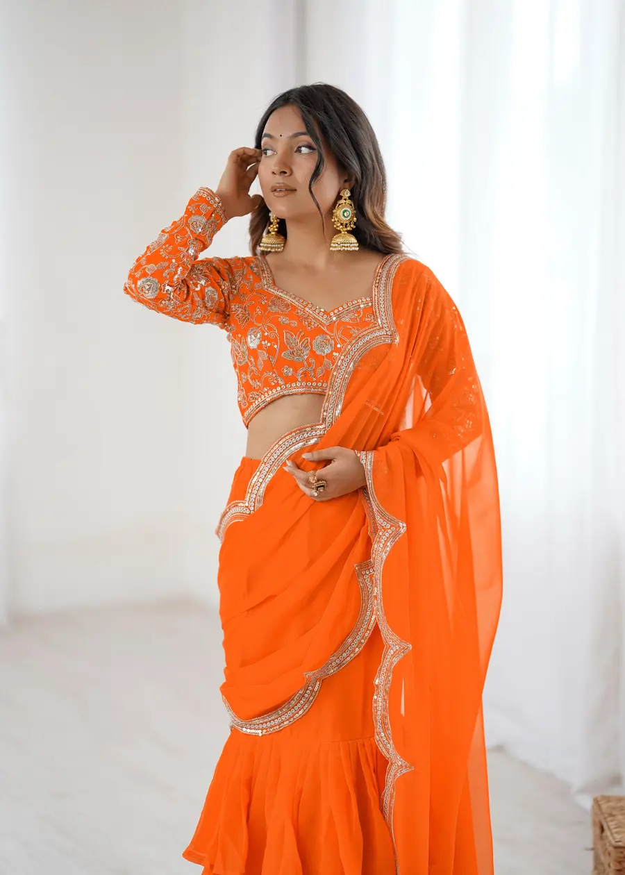 FANCY GEORGETTE THREAD & SEQUENCE EMBROIDERY WORK TYPE RUFFLE WORK LEHENGA SAREE WITH STITCHED BLOUSE PARTY WEAR WHOLESALE PRICE ETHNIC GARMENT (6)