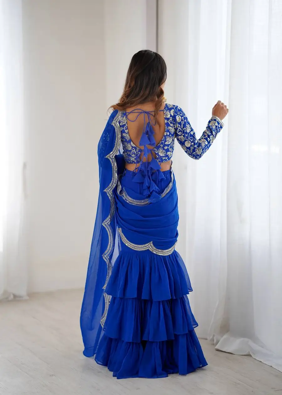 FANCY GEORGETTE THREAD & SEQUENCE EMBROIDERY WORK TYPE RUFFLE WORK LEHENGA SAREE WITH STITCHED BLOUSE PARTY WEAR WHOLESALE PRICE ETHNIC GARMENT (7)