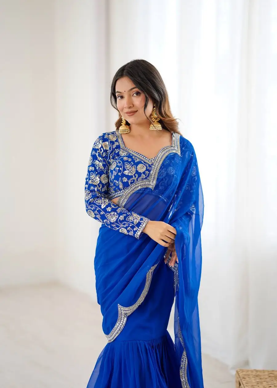 FANCY GEORGETTE THREAD & SEQUENCE EMBROIDERY WORK TYPE RUFFLE WORK LEHENGA SAREE WITH STITCHED BLOUSE PARTY WEAR WHOLESALE PRICE ETHNIC GARMENT (8)