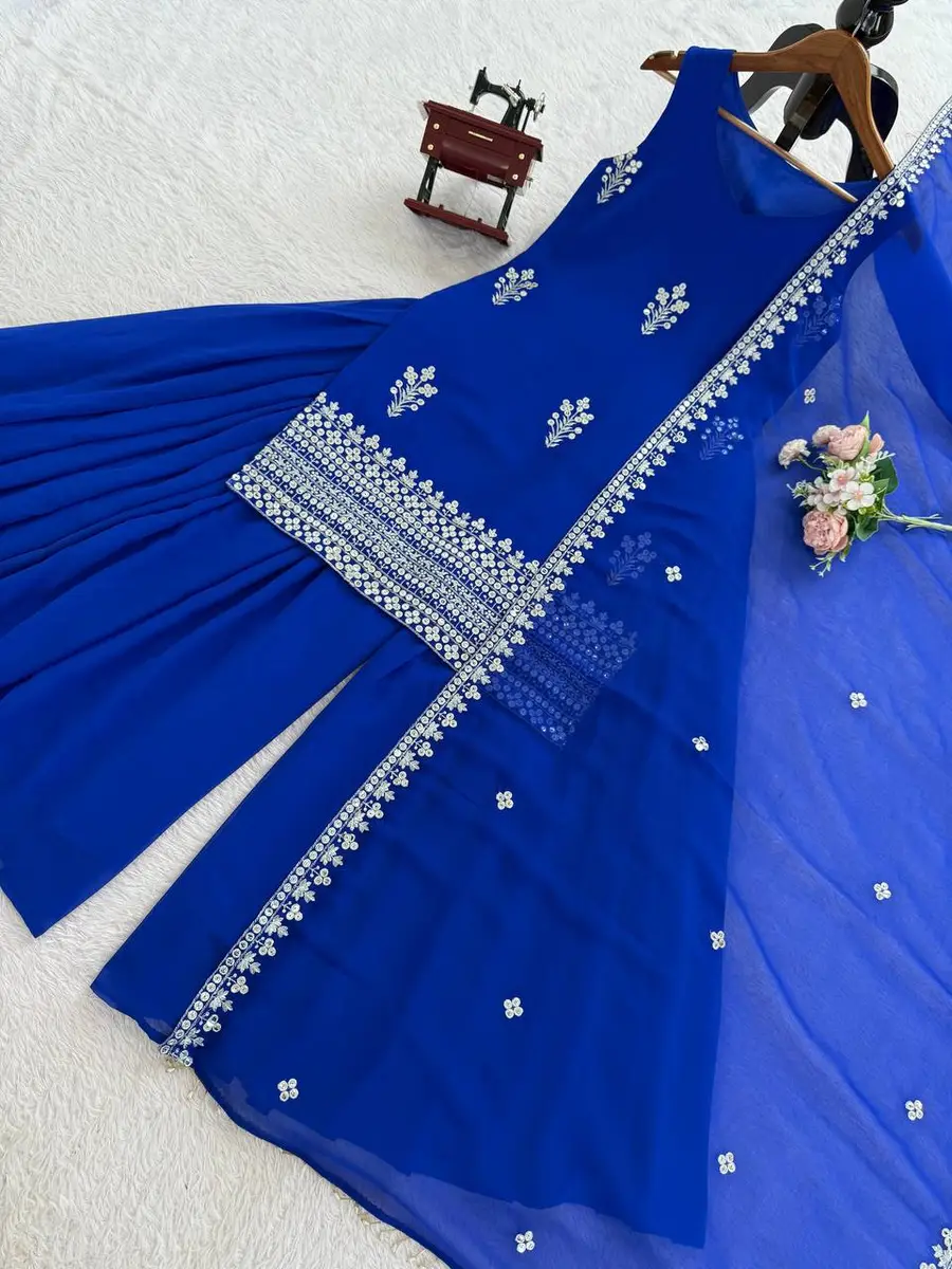 FANCY GEORGETTE THREAD WITH 9 MM SEQUENCE WORK TOP PALAZZO WITH DUPATTA WEDDING WEAR WHOLESALE PRICE ETHNIC GARMENT (6)