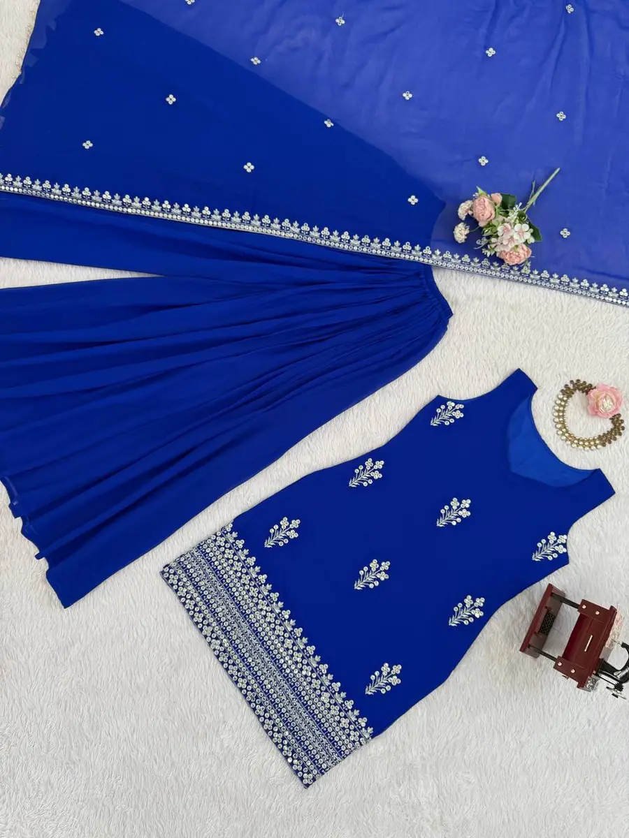 FANCY GEORGETTE THREAD WITH 9 MM SEQUENCE WORK TOP PALAZZO WITH DUPATTA WEDDING WEAR WHOLESALE PRICE ETHNIC GARMENT (7)