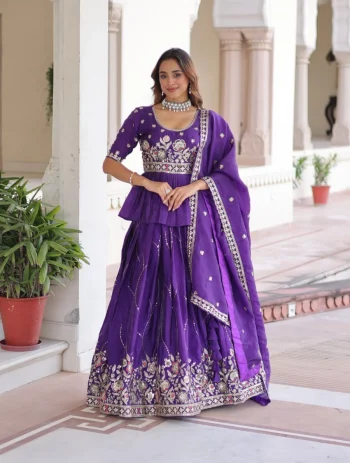 FANCY GOLD CRUSH MULTI THREAD EMBROIDERY ZARI SEQUENCE-WORK TOP LEHENGA WITH DUPATTA PURPLE