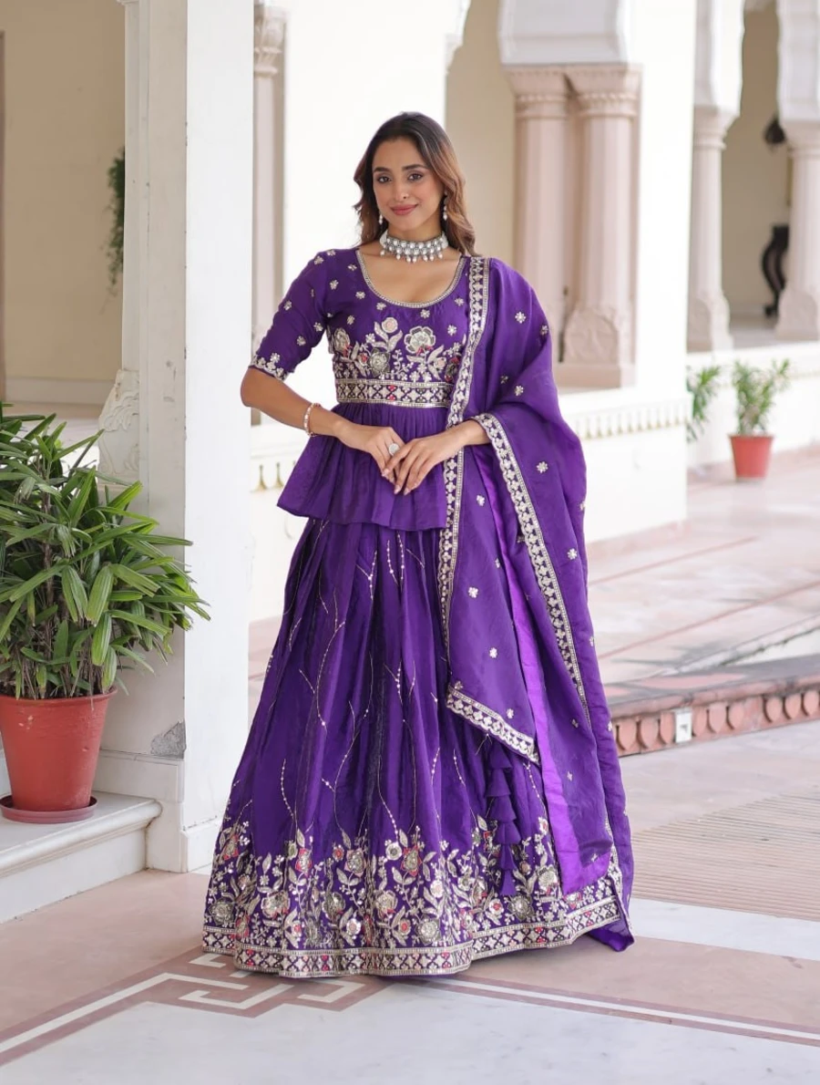 FANCY GOLD CRUSH MULTI THREAD EMBROIDERY ZARI SEQUENCE-WORK TOP LEHENGA WITH DUPATTA PARTY WEAR WHOLESALE PRICE ETHNIC GARMENT (5)