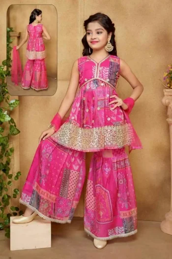 FANCY JAPAN SATIN SEQUENCE EMBROIDERY WORK WITH DIGITAL PRINT WORK KID'S TOP SHARARA WITH DUPATTA PINK