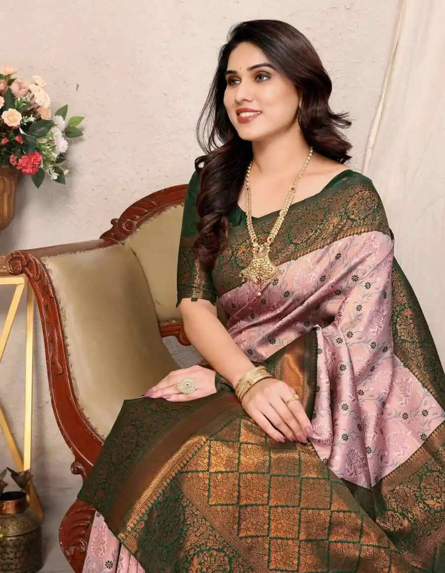 FANCY KANJIVARAM SILK RICH PALLU & JACQUARD WORK SAREE WITH UNSTITCHED BLOUSE FESTIVE WEAR WHOLESALE PRICE ETHNIC GARMENT (1)