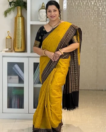 FANCY LICHI SILK JACQUARD BORDER WORK SAREE WITH UNSTITCHED BLOUSE YELLOW