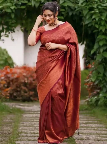 FANCY LICHI SILK JACQUARD BORDER WORK SAREE WITH UNSTITCHED BLOUSE BROWN