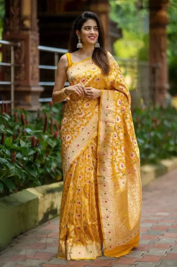 FANCY LICHI SILK JACQUARD WORK SAREE WITH UNSTITCHED BLOUSE YELLOW
