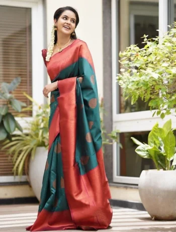 FANCY LICHI SILK RICH PALLU AND JACQUARD BORDER COPPER WORK SAREE WITH UNSTITCHED BLOUSE TEAL